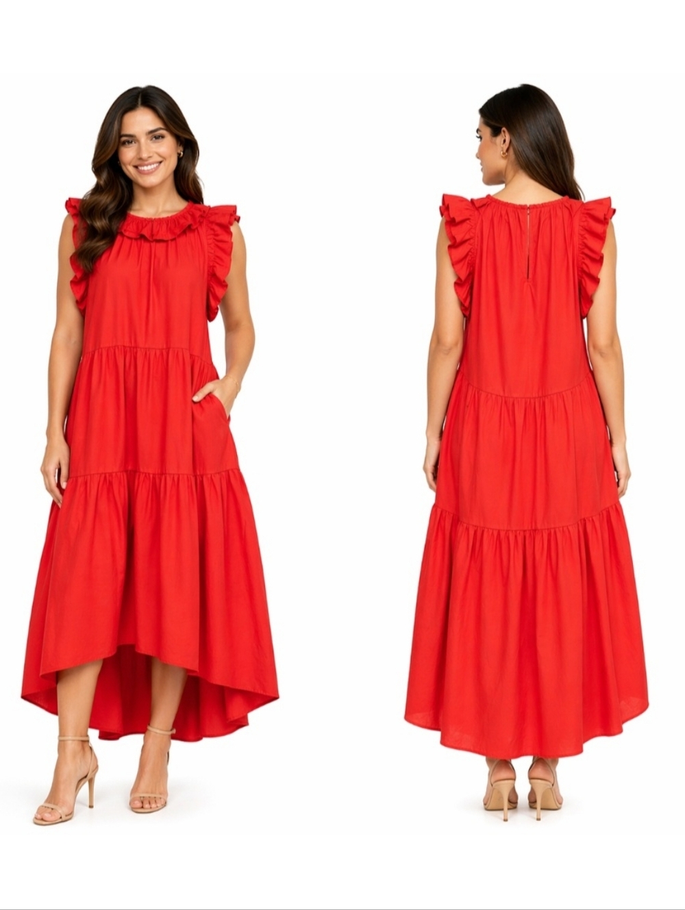 Maggy London Coral Orange Ruffled Tiered Cotton A-line Dress Size 4